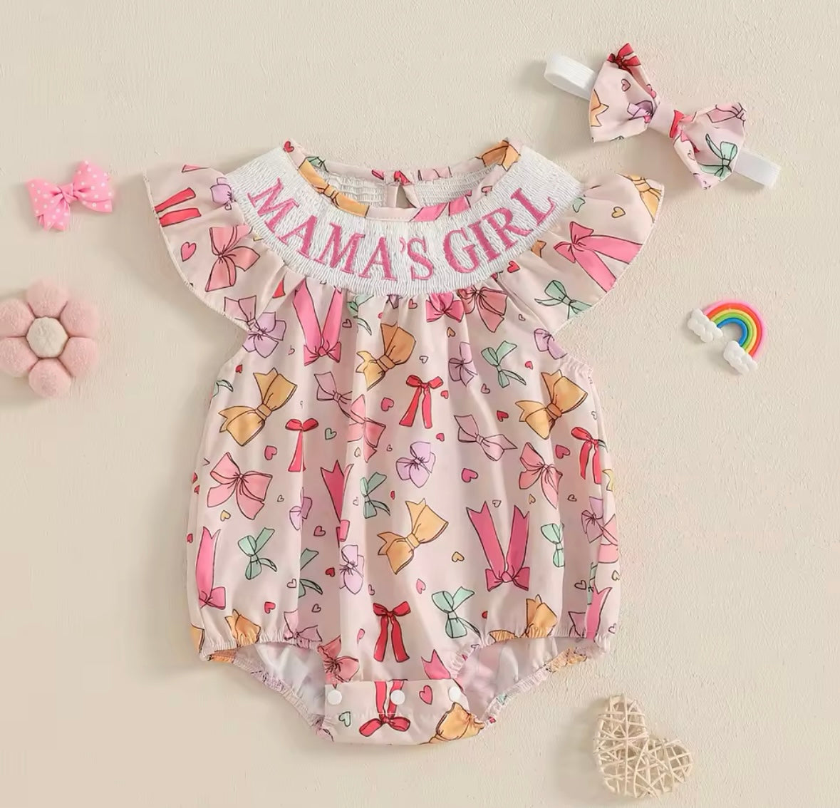 Mama’s Girl Embroidered Girly Bow Bubble Rompers