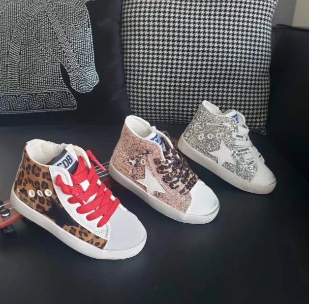 High Top Pink Sequin Leopard Star Sneakers