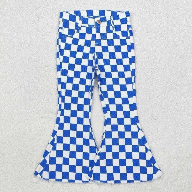 Blue & White Checkered Denim Flares