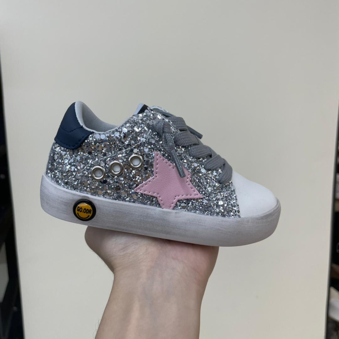 Silver Sequin, Black + Pink Star Sneakers