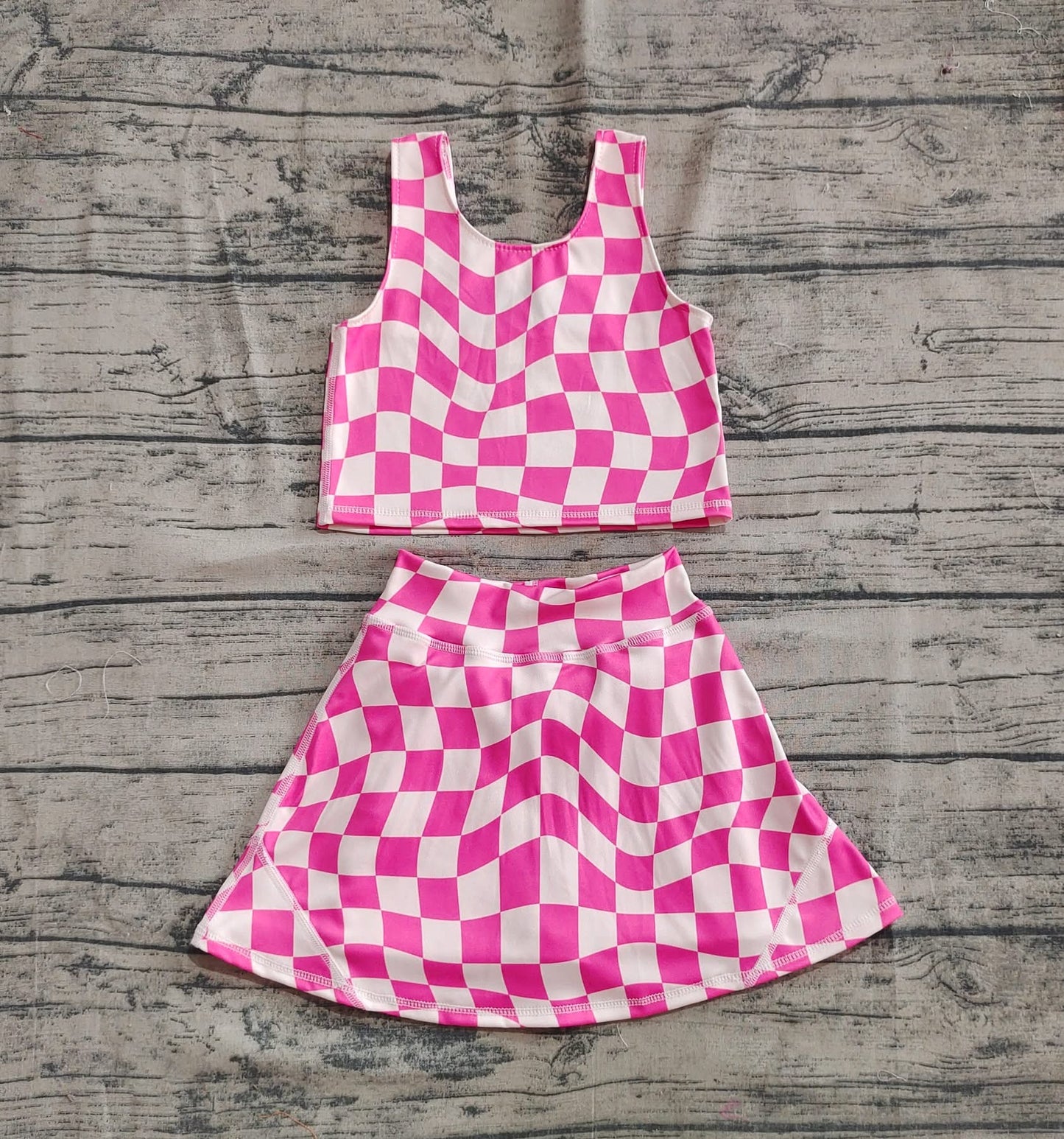 Pink Checkered 2-Piece Yoga Skort Set