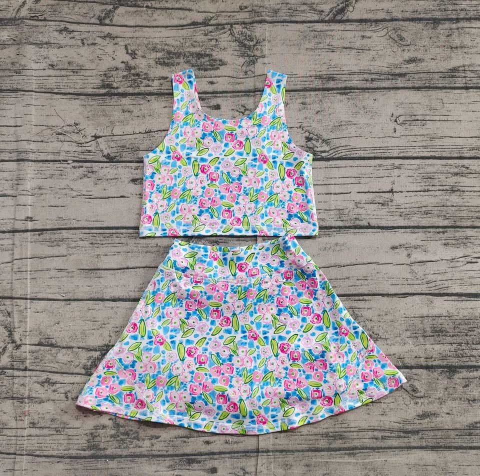 Blue, Green & Pink Floral 2-Piece Yoga Skort Set