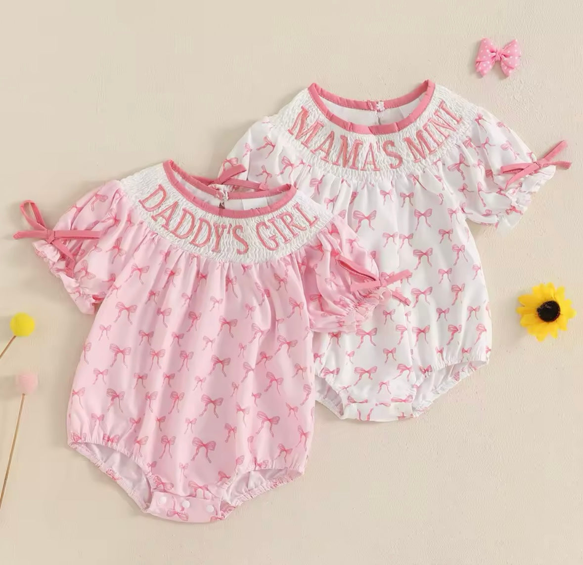 Daddy’s Girl & Mama’s Mini Embroidered Smocked Rompers