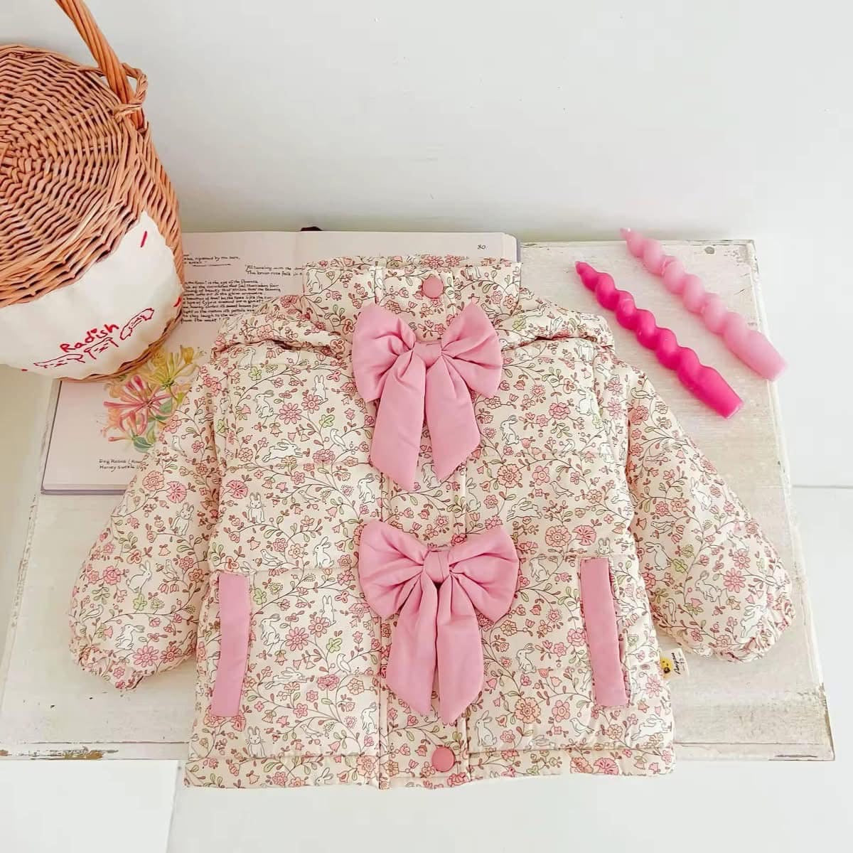 Angelina Must Have Easter Floral Bow Puffer Jacket