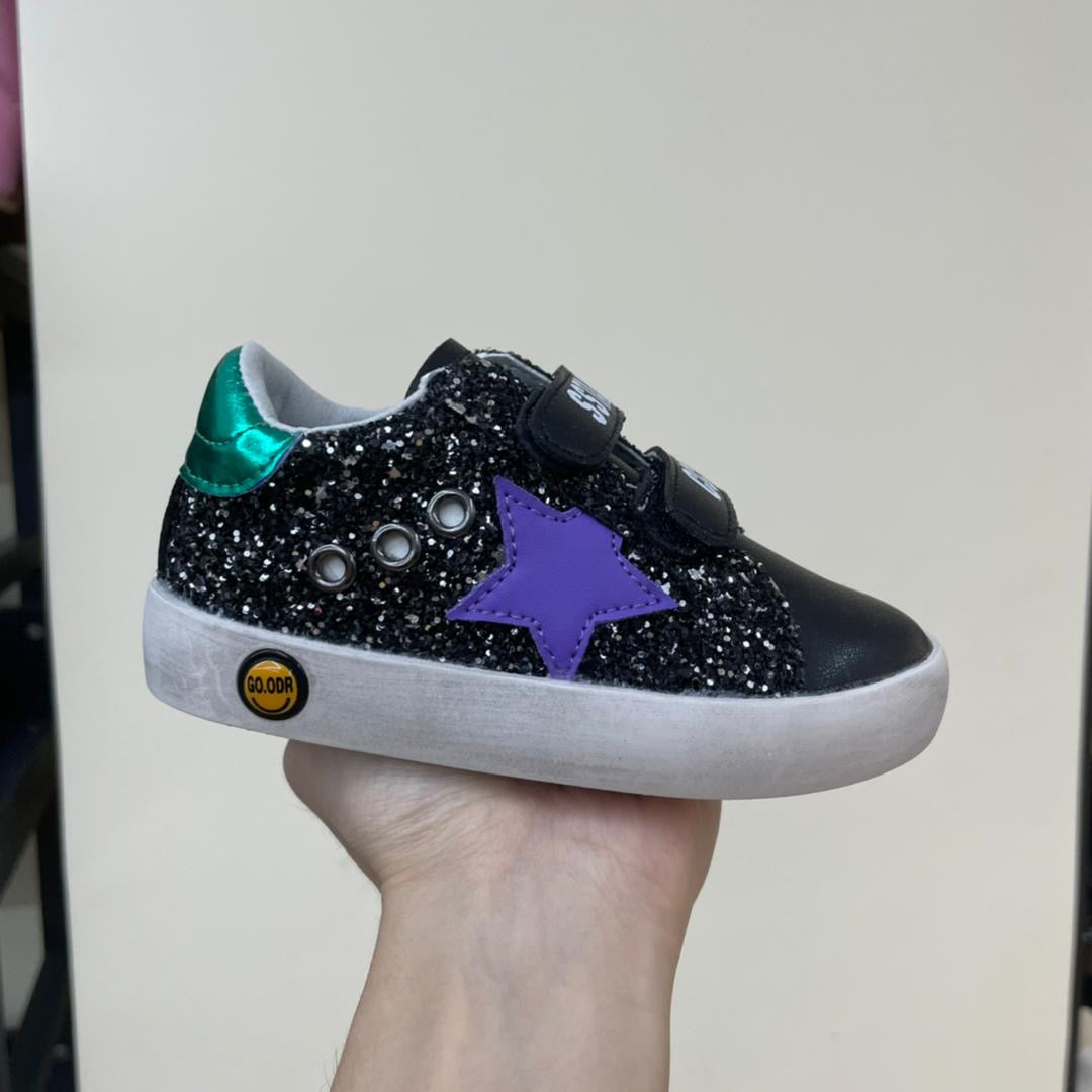 Full Black Sequin Purple Star Sneakers w/ Straps