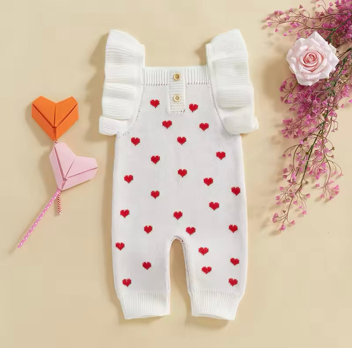 Flutter Sleeve Knit Heart Romper