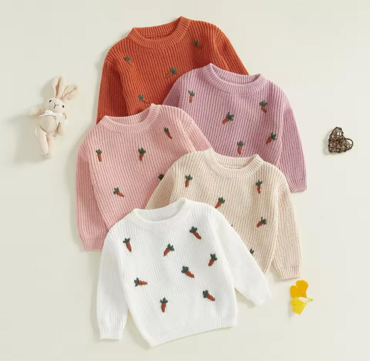 Carrot Embroidered Solid Colored Knit Sweaters