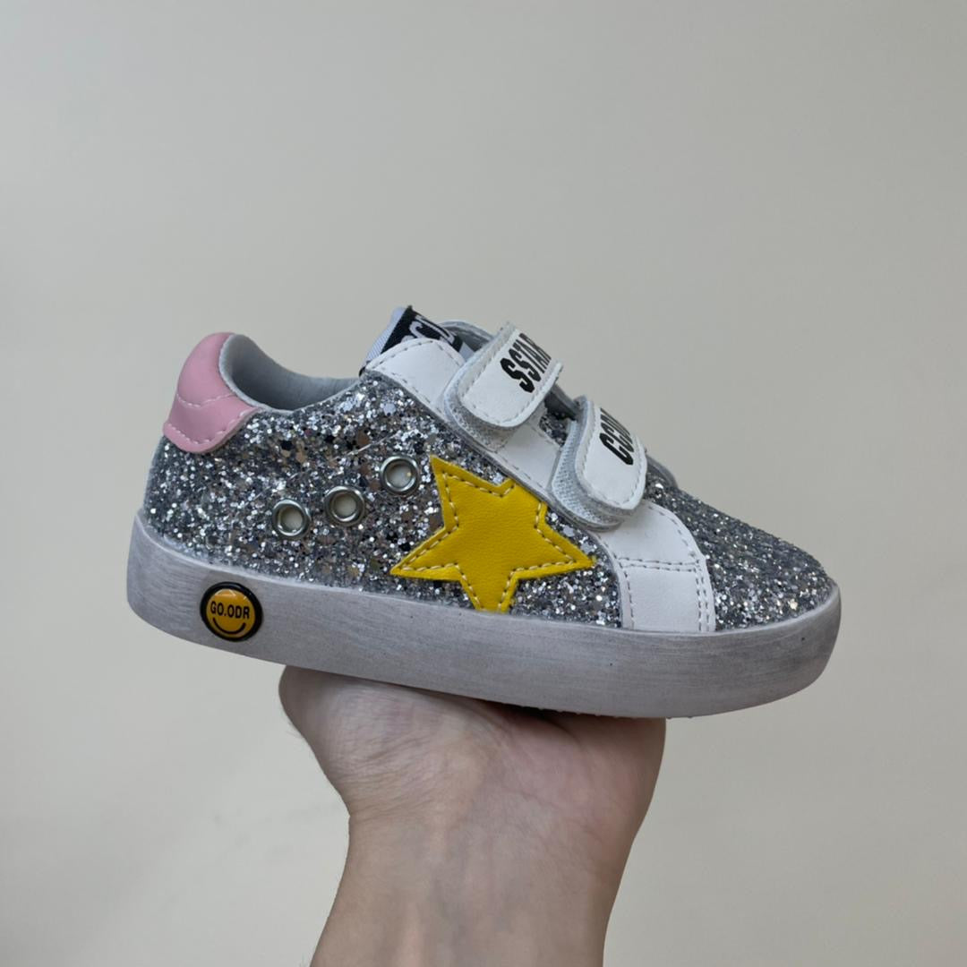 Full Silver Bling Sequin Star Sneakers w/ Yellow + Pink Detail