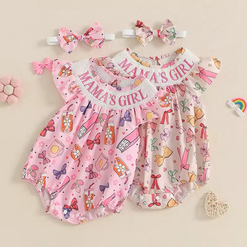 Mama’s Girl Embroidered Girly Bow Bubble Rompers