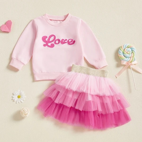 L o v e Chenille Lettered Ruffled Skirt Set
