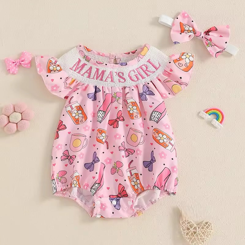 Mama’s Girl Embroidered Girly Bow Bubble Rompers