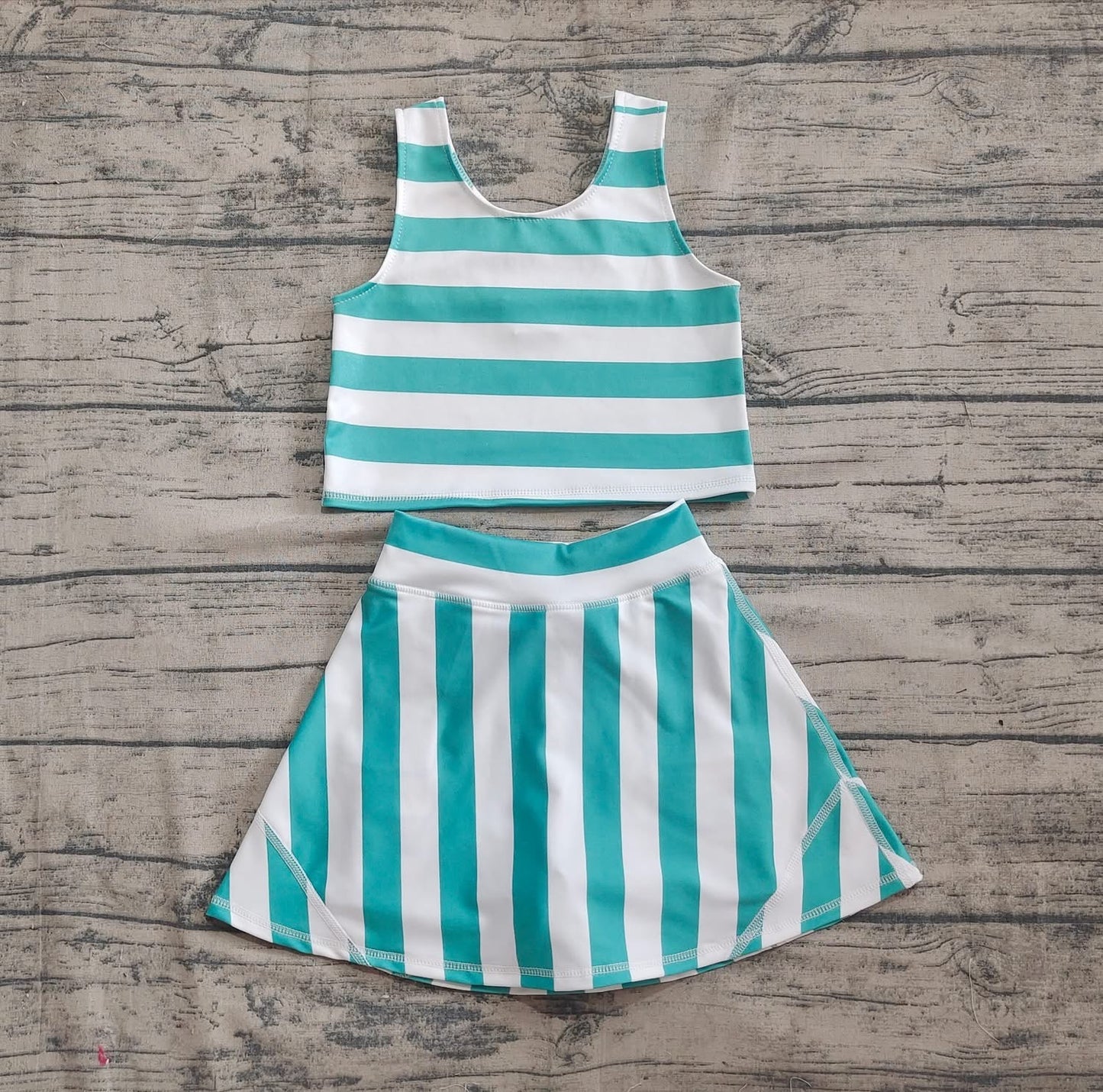 Teal & White Striped 2-Piece Yoga Skort Set