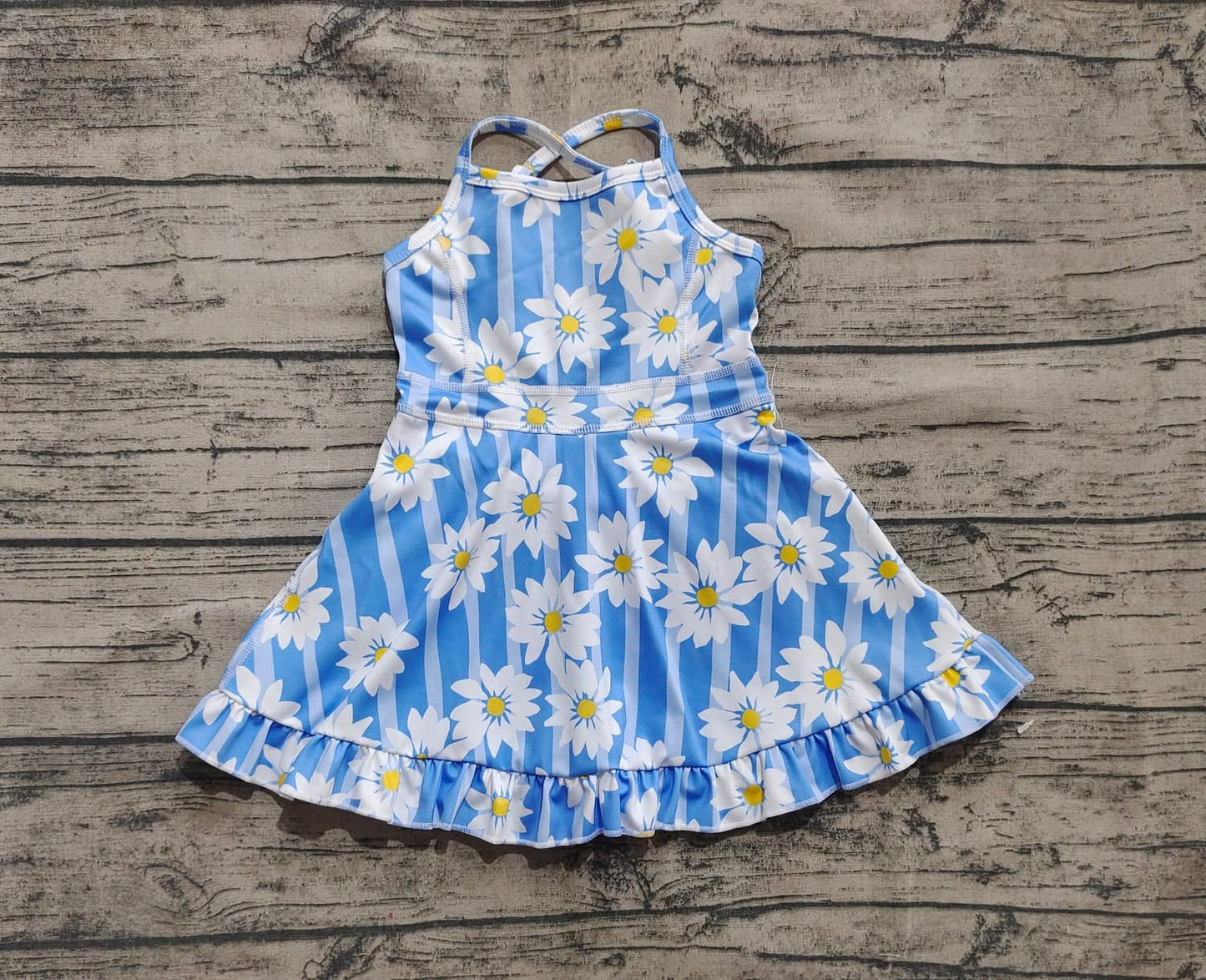 Blue Striped Daisy Print Sleeveless Ruffled Skort Dress