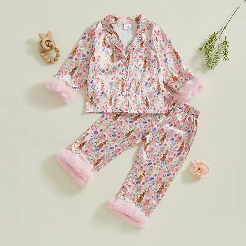 Bunny Silk Pajamas w/ Fur Detail