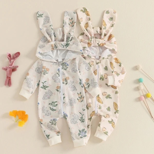 Zip Up Multi Easter Print Bunny Ears Rompers