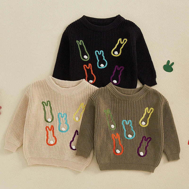 Multi Colored Bunny Crew Neck Knit Pullover
