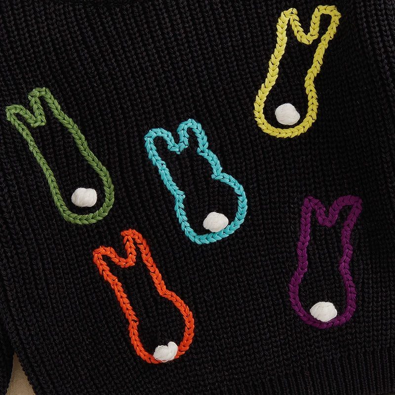 Multi Colored Bunny Crew Neck Knit Pullover
