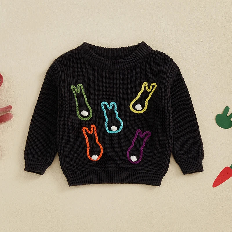 Multi Colored Bunny Crew Neck Knit Pullover