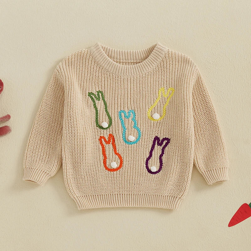 Multi Colored Bunny Crew Neck Knit Pullover