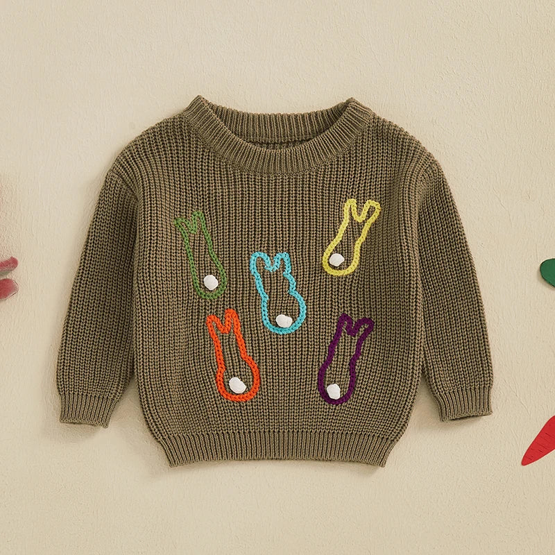 Multi Colored Bunny Crew Neck Knit Pullover