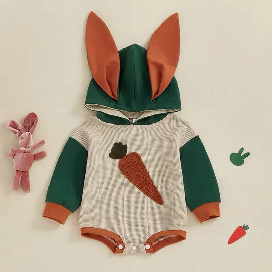 Embroidered Color Block Waffle Knit Carrot Hooded Onesie
