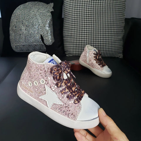 High Top Pink Sequin Leopard Star Sneakers