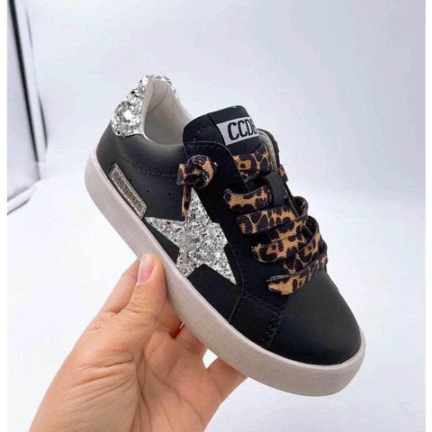 Black Sequin Star Sneakers w/ Leopard Laces