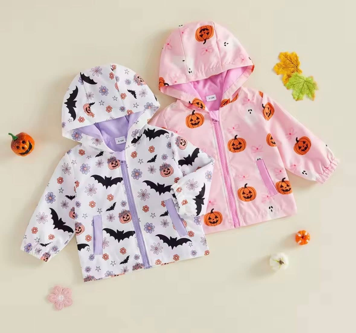 Zip Up Halloween Bat & Pumpkin Print Windbreaker