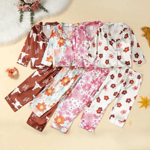 Western & Floral Print Silk Pajama Sets