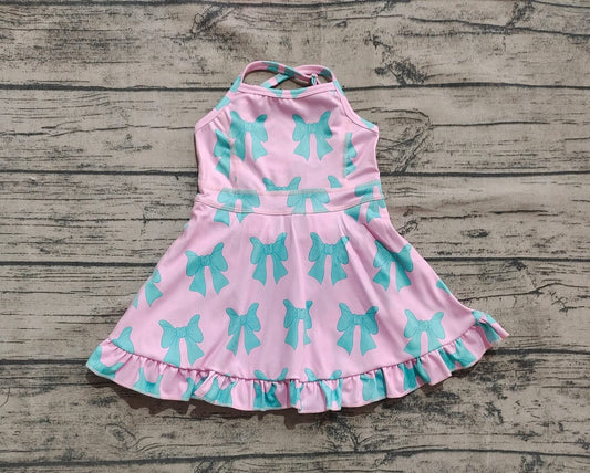 Pink + Aqua Bow Print Sleeveless Ruffled Skort Dressi
