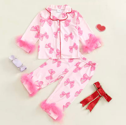Burgundy & Pink Bow Multi Print Fur Pajamas