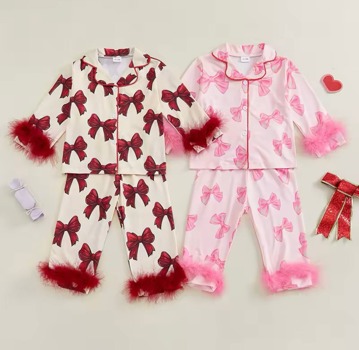 Burgundy & Pink Bow Multi Print Fur Pajamas