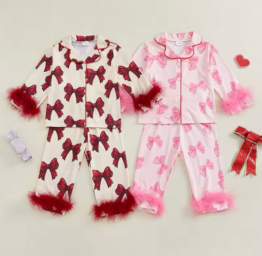 Burgundy & Pink Bow Multi Print Fur Pajamas