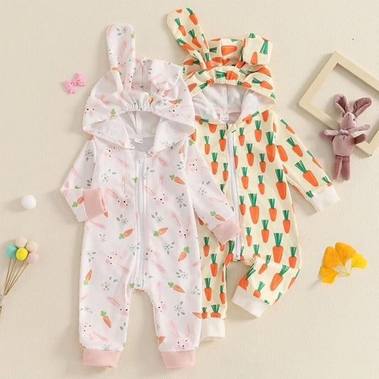 Unisex Easter Print Zip Up Bunny Ears Romper