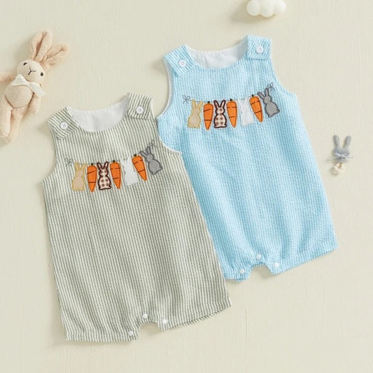 Sleeveless Embroidered Plaid Bunny & Carrot Romper