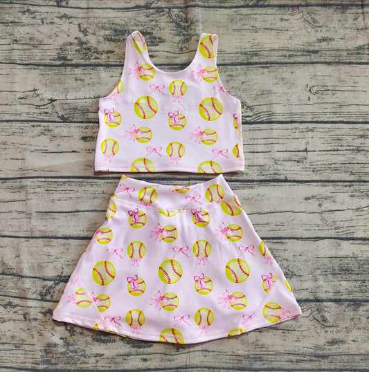 Pink Softball & Bow 2-Piece Yoga Skort Set