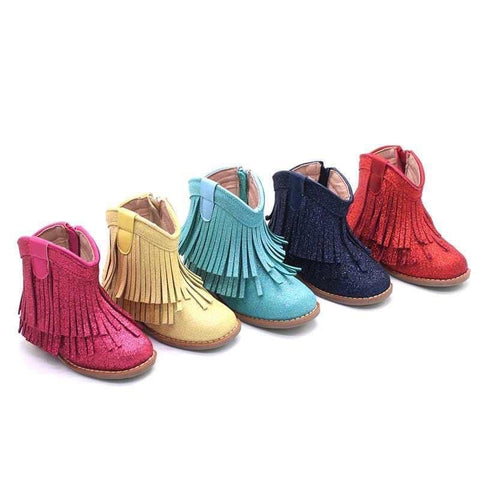 Solid Colored Glitter Boots w/ Fringe