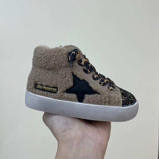 Brown & Black Leopard Fur High Top Star Sneakers