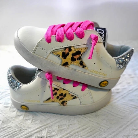 Leopard Sequin Star Sneakers w/ Hot Pink Laces