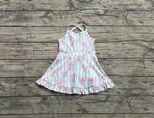 Striped Multi Colored Bow Print Sleeveless Ruffled Skort Dressi