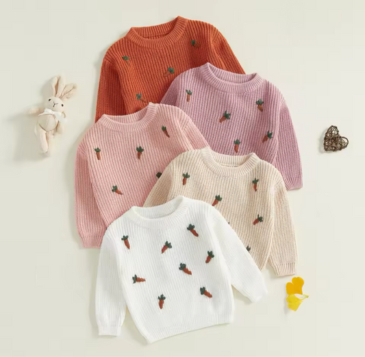 Carrot Embroidered Solid Colored Knit Sweaters