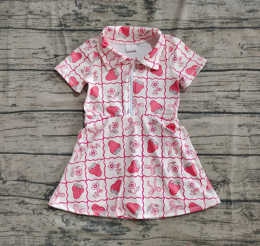 Strawberry Flower Print Partial Zip Collared Skort Dress