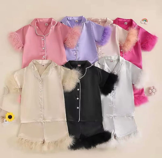 Solid Colored Button Down Silk Pajamas w/ Fur