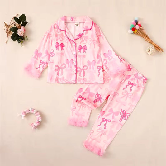 Multi Pink Bow 2-Piece Pajama Set w/ Fur Detail