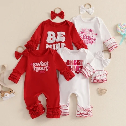 Multi Embroidered V-Day Print Ruffled Rompers