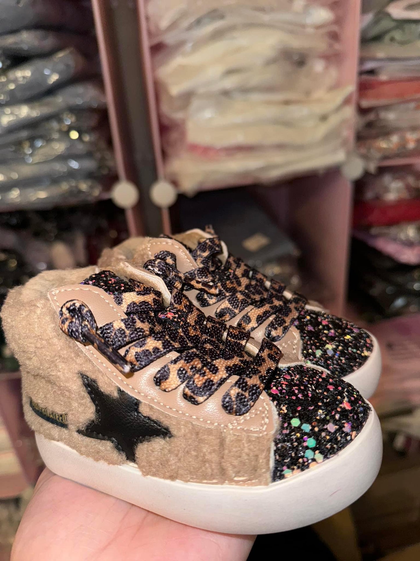 Brown & Black Leopard Fur High Top Star Sneakers