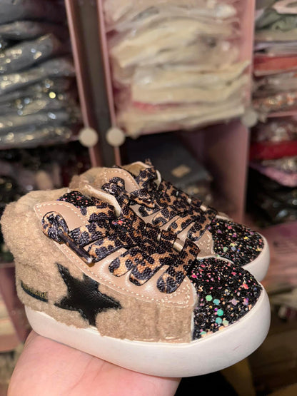 Brown & Black Leopard Fur High Top Star Sneakers
