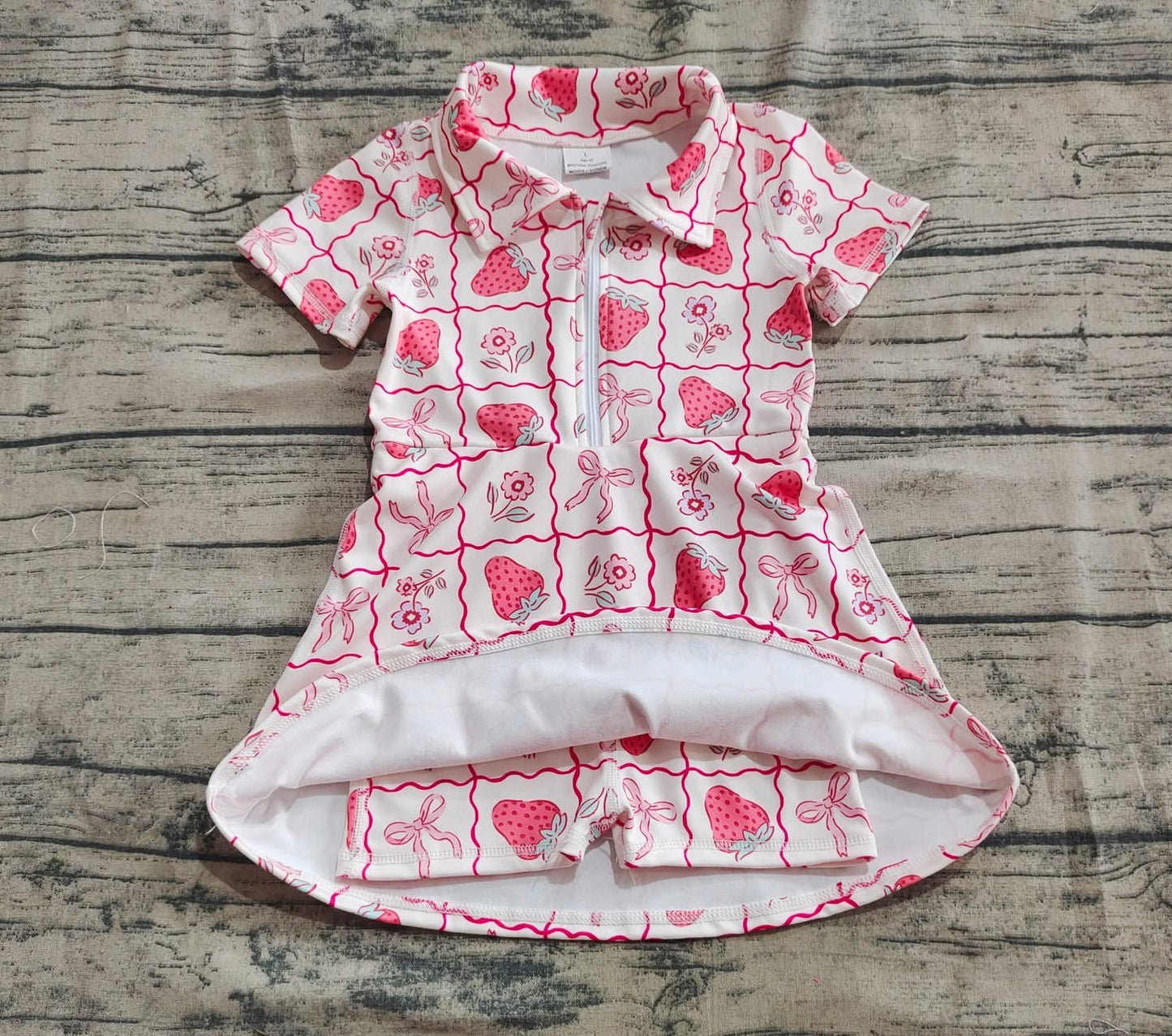 Strawberry Flower Print Partial Zip Collared Skort Dress