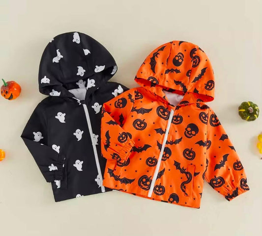 Zip Up Halloween Ghost & Pumpkin/Bat Print Windbreaker