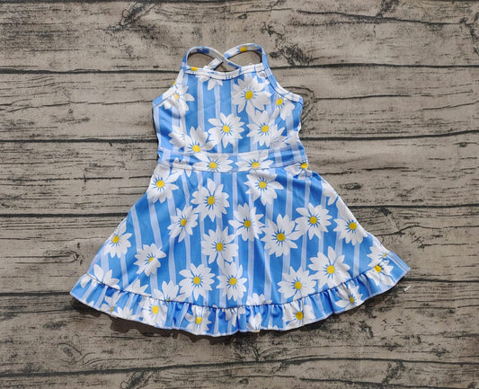 Blue Striped Daisy Print Sleeveless Ruffled Skort Dress